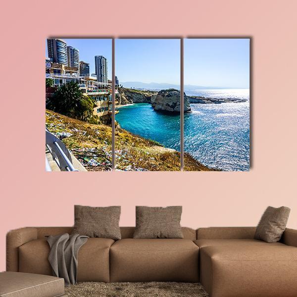 Raouche Rocks &amp; Sea Canvas Wall Art-3 Horizontal-Gallery Wrap-37" x 24"-Tiaracle