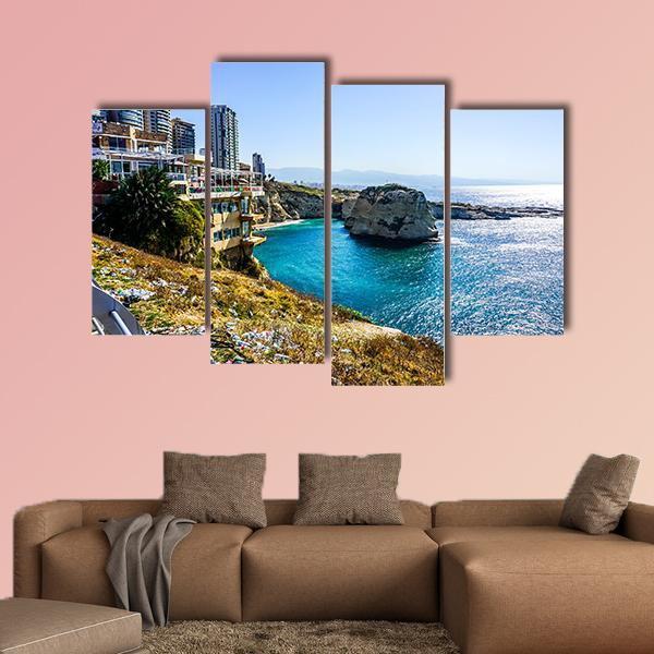 Raouche Rocks &amp; Sea Canvas Wall Art-4 Pop-Gallery Wrap-50" x 32"-Tiaracle
