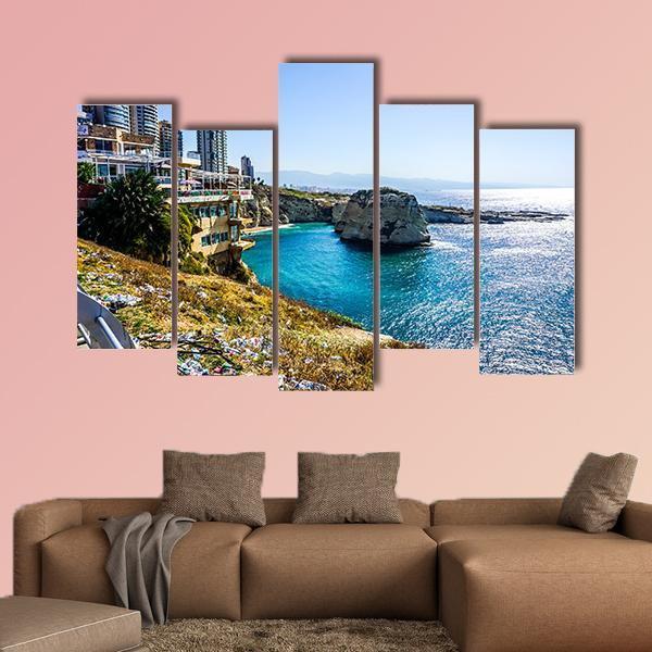 Raouche Rocks & Sea Canvas Wall Art-5 Pop-Gallery Wrap-47" x 32"-Tiaracle