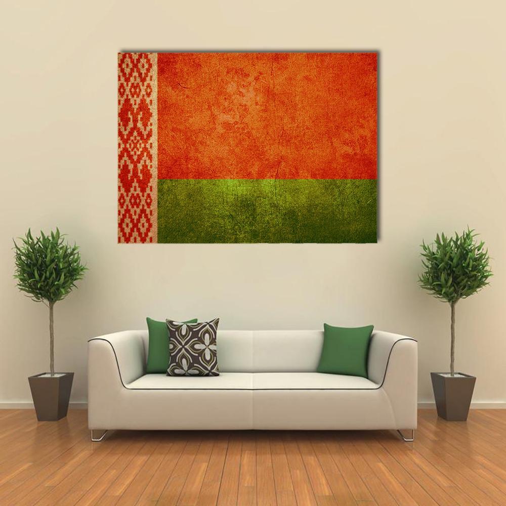 Belarus Flag Vintage Geometric Print Canvas Wall Art in white, red and green, single panel hung on a wall