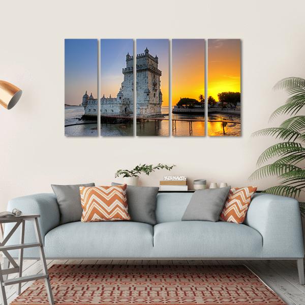 Belem Tower At Sunset Canvas Wall Art-5 Horizontal-Gallery Wrap-22" x 12"-Tiaracle
