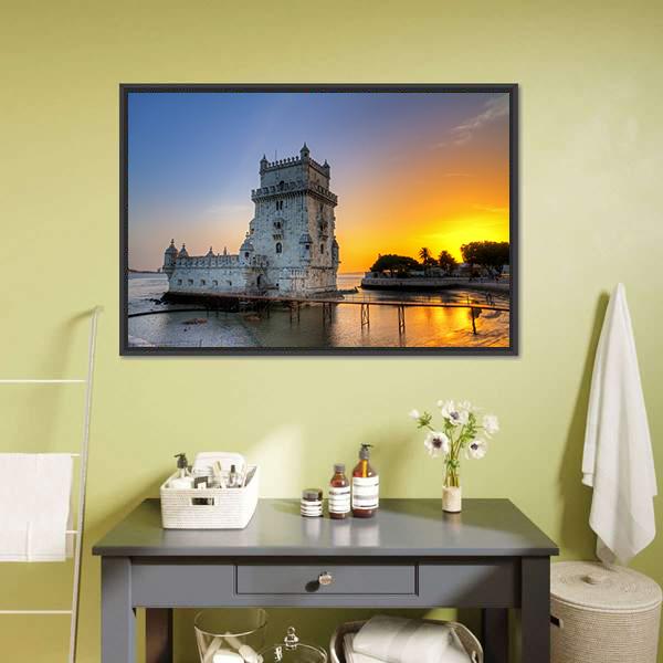 Belem Tower At Sunset Canvas Wall Art-1 Piece-Floating Frame-24" x 16"-Tiaracle