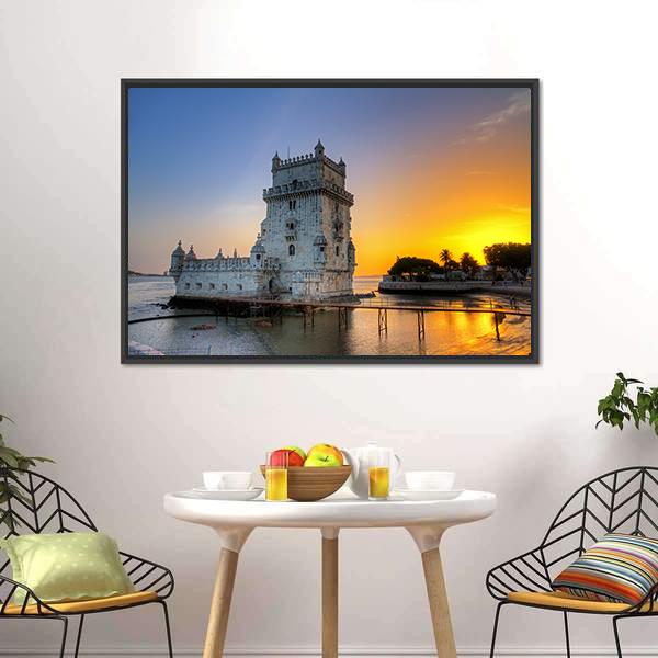 Belem Tower At Sunset Canvas Wall Art-3 Horizontal-Gallery Wrap-25" x 16"-Tiaracle