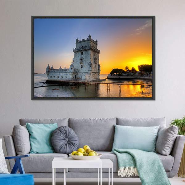 Belem Tower At Sunset Canvas Wall Art-3 Horizontal-Gallery Wrap-25" x 16"-Tiaracle