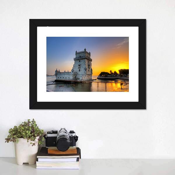 Belem Tower At Sunset Canvas Wall Art-1 Piece-Framed Print-20" x 16"-Tiaracle