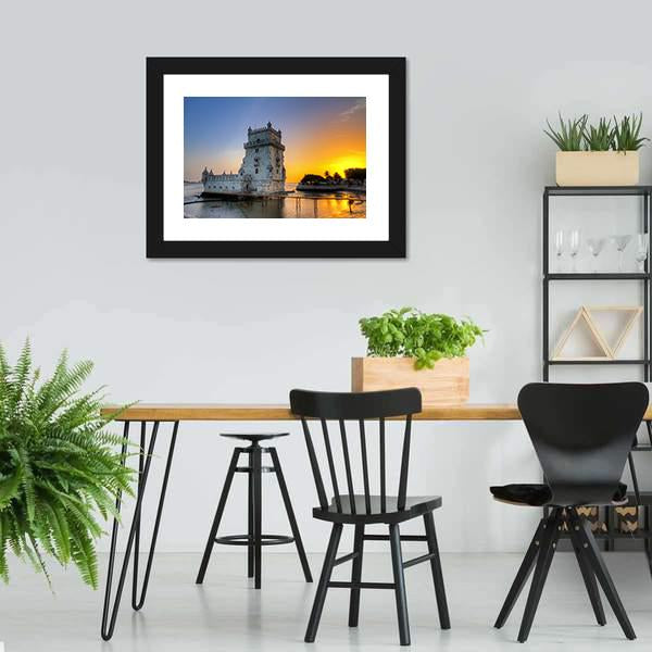 Belem Tower At Sunset Canvas Wall Art-3 Horizontal-Gallery Wrap-25" x 16"-Tiaracle