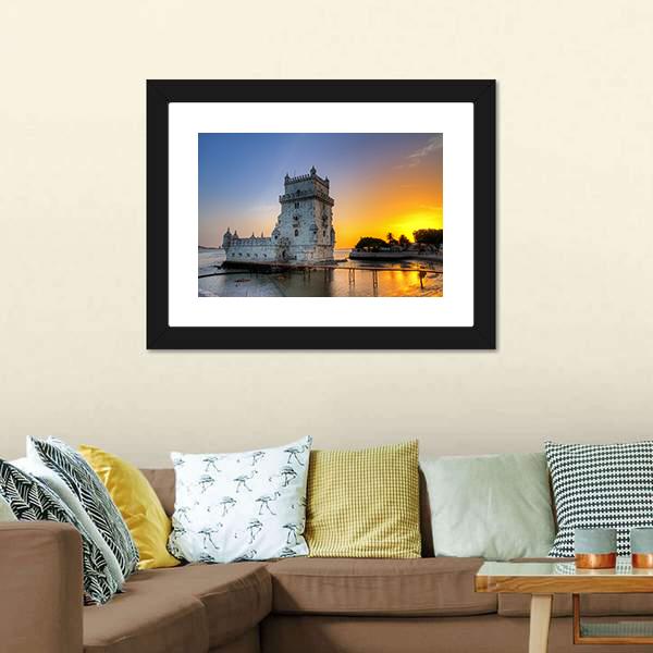 Belem Tower At Sunset Canvas Wall Art-3 Horizontal-Gallery Wrap-25" x 16"-Tiaracle