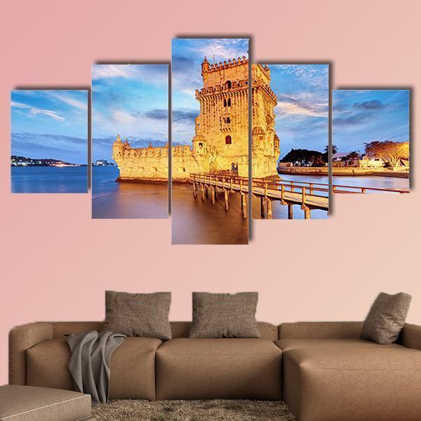Belem Tower In Portugal Canvas Wall Art-5 Star-Gallery Wrap-62" x 32"-Tiaracle