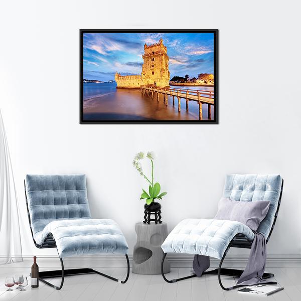 Belem Tower In Portugal Canvas Wall Art-3 Horizontal-Gallery Wrap-25" x 16"-Tiaracle
