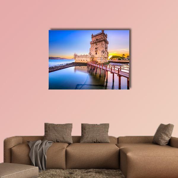 Belem Tower on Tagus River Canvas Wall Art in beige, orange and blue, single panel hung on a wall