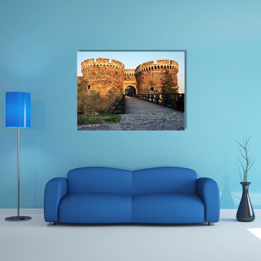 Belgrade Fortress Gate Canvas Wall Art in beige, brown and blue, single panel hung on a wall