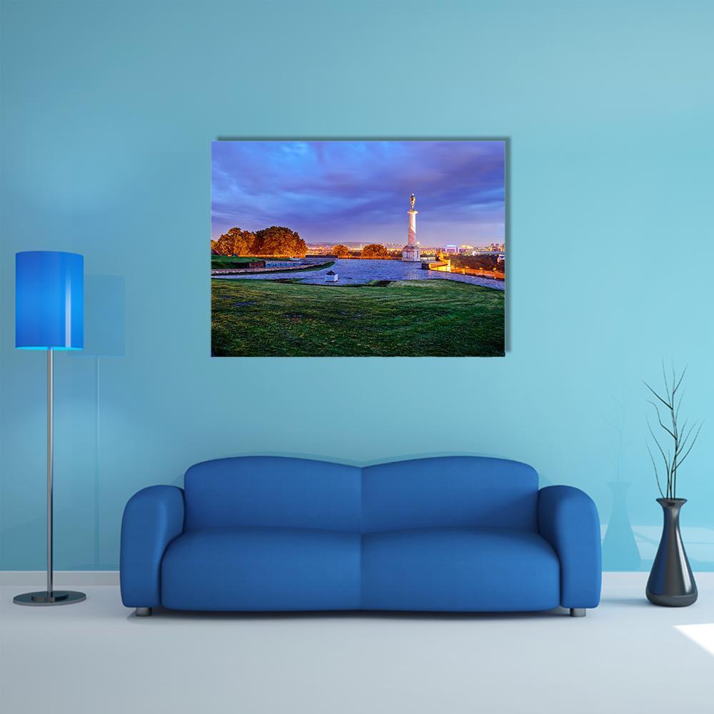 Pobednik Monument at Belgrade Fortress Canvas Wall Art in green, blue and purple, single panel hung on a wall