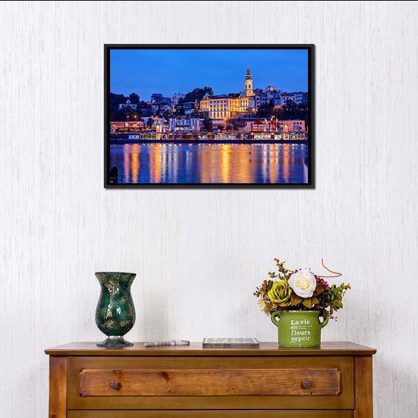 Belgrade Riverfront at Night Canvas Wall Art in orange, yellow and blue, framed canvas, product view on a white background