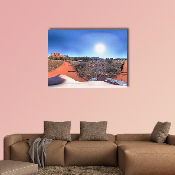 Bell Rock Red Dirt Trail Canvas Wall Art in red, orange and blue, single panel hung on a wall