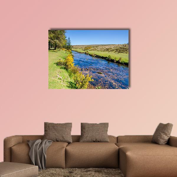 Bellever Forest and Dart River Canvas Wall Art in yellow, green and blue, single panel hung on a wall