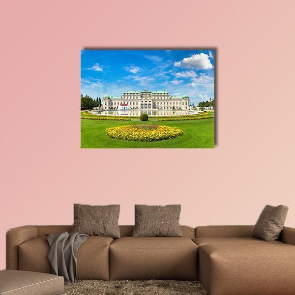 Belvedere Museum Gardens with Fountain Canvas Wall Art in beige, green and blue, single panel hung on a wall