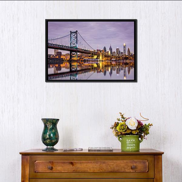 Ben Franklin Bridge Night Reflection Canvas Wall Art in yellow, blue and purple, framed canvas, product view on a white background