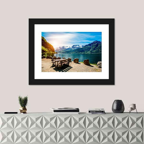 Bench Near Lake Canvas Wall Art-1 Piece-Framed Print-20" x 16"-Tiaracle