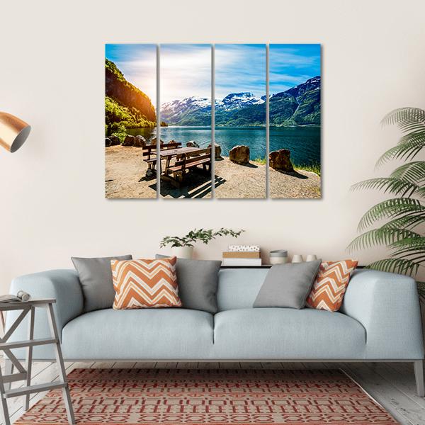 Bench Near Lake Canvas Wall Art-4 Horizontal-Gallery Wrap-34" x 24"-Tiaracle