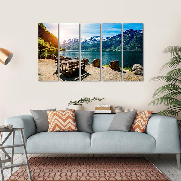 Bench Near Lake Canvas Wall Art-5 Horizontal-Gallery Wrap-22" x 12"-Tiaracle