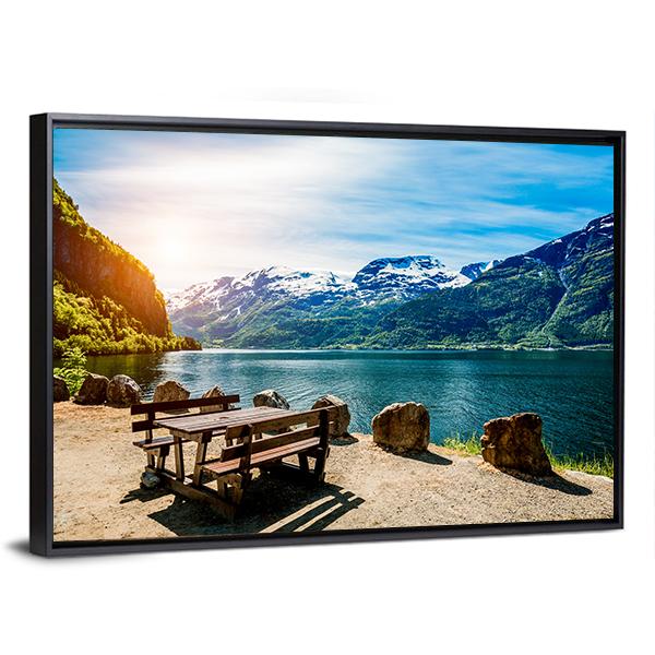 Bench Near Lake Canvas Wall Art-3 Horizontal-Gallery Wrap-25" x 16"-Tiaracle