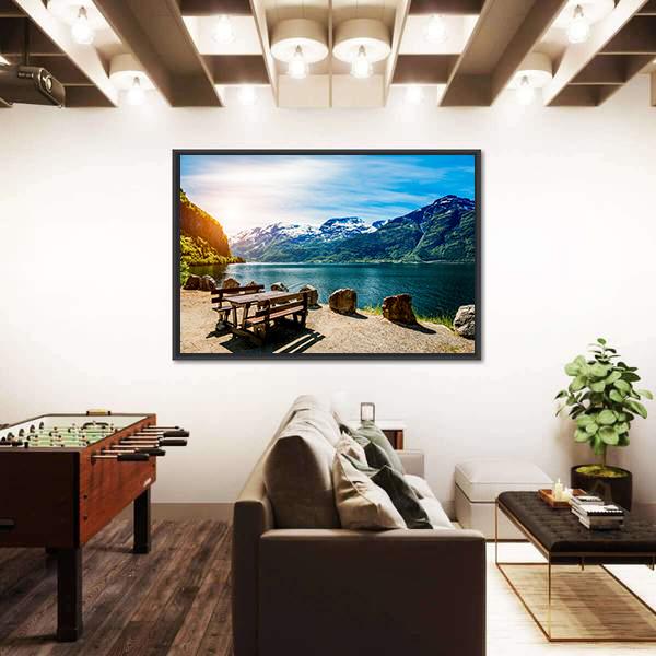 Bench Near Lake Canvas Wall Art-3 Horizontal-Gallery Wrap-25&quot; x 16&quot;-Tiaracle
