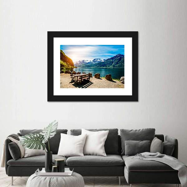 Bench Near Lake Canvas Wall Art-3 Horizontal-Gallery Wrap-25&quot; x 16&quot;-Tiaracle