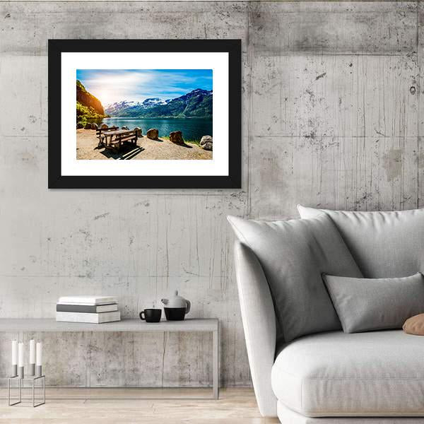 Bench Near Lake Canvas Wall Art-3 Horizontal-Gallery Wrap-25" x 16"-Tiaracle