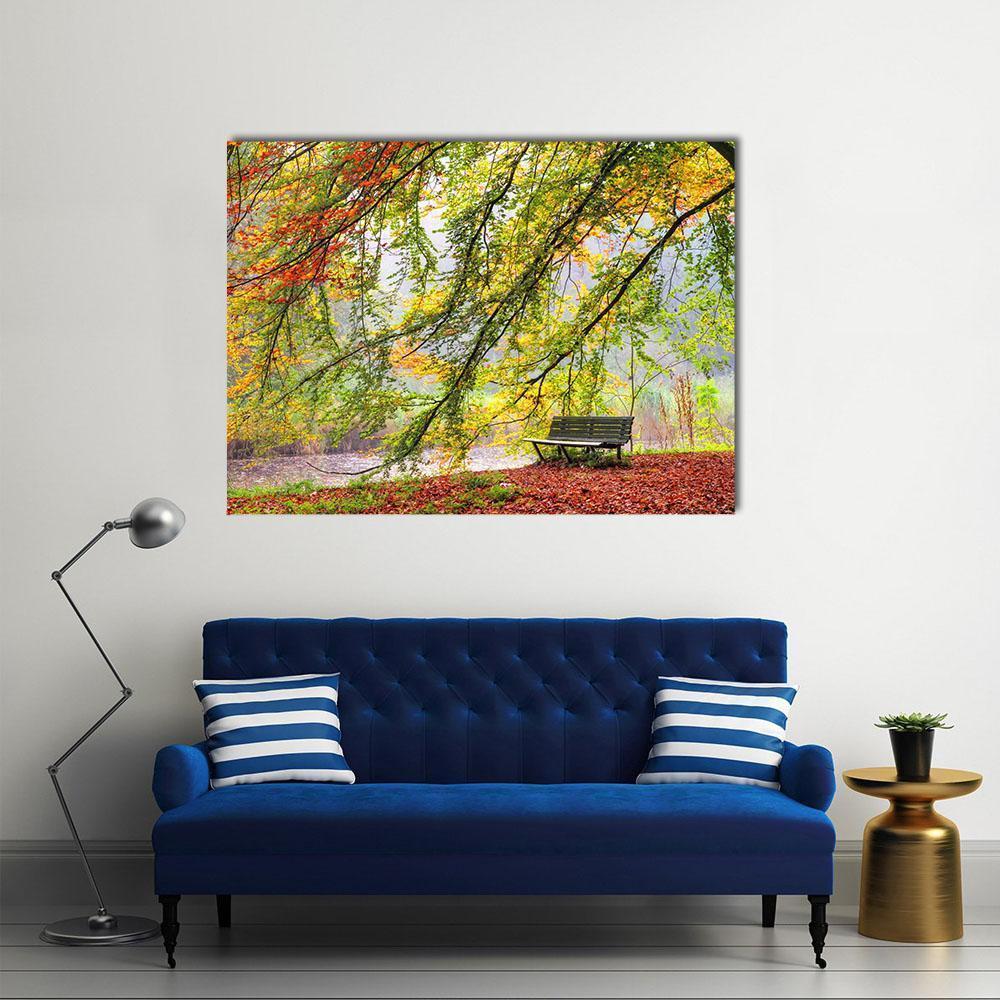 Bench Under Autumn Tree Canvas Wall Art-4 Horizontal-Gallery Wrap-34" x 24"-Tiaracle
