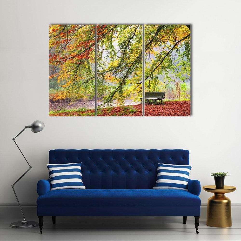 Bench Under Autumn Tree Canvas Wall Art-3 Horizontal-Gallery Wrap-37" x 24"-Tiaracle