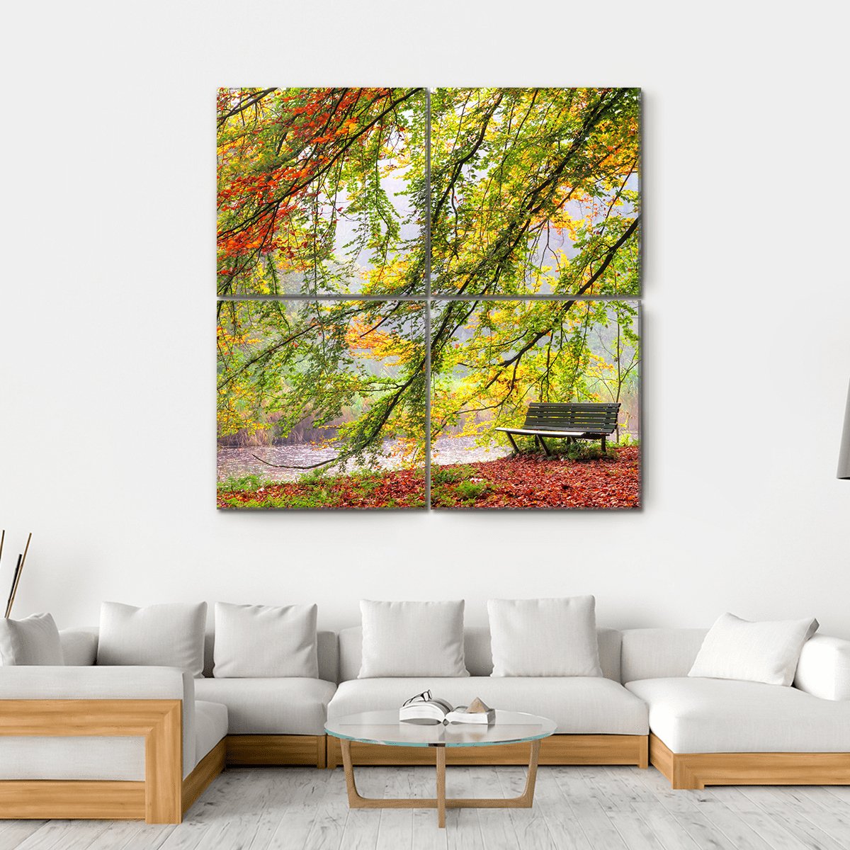 Bench Under Autumn Tree Canvas Wall Art-4 Square-Gallery Wrap-17&quot; x 17&quot;-Tiaracle