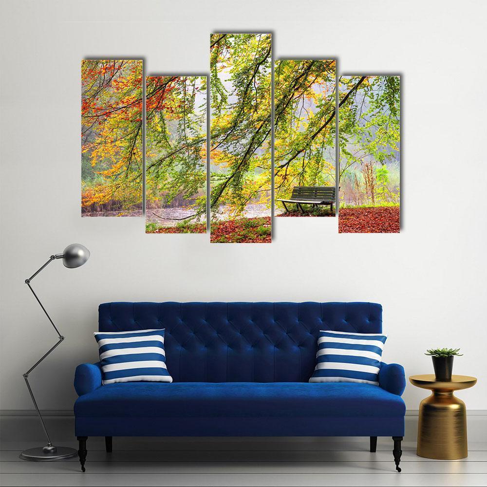 Bench Under Autumn Tree Canvas Wall Art-5 Pop-Gallery Wrap-47" x 32"-Tiaracle