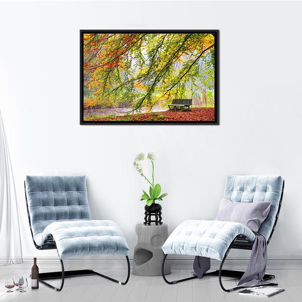 Bench Under Autumn Tree Canvas Wall Art-3 Horizontal-Gallery Wrap-25" x 16"-Tiaracle