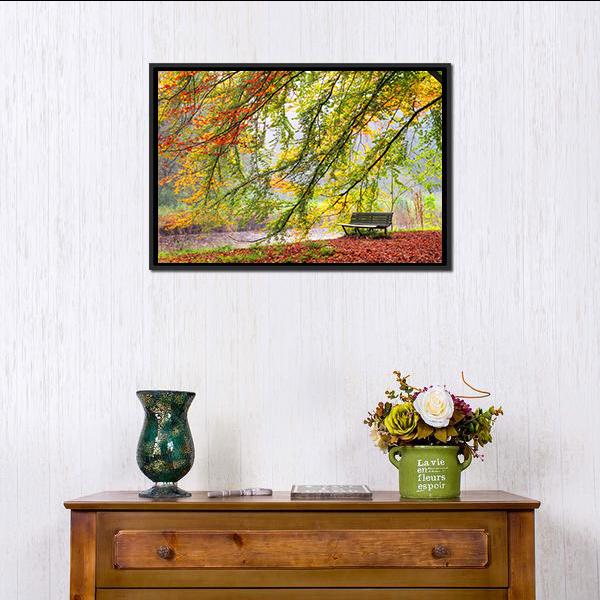 Bench Under Autumn Tree Canvas Wall Art-1 Piece-Floating Frame-24" x 16"-Tiaracle
