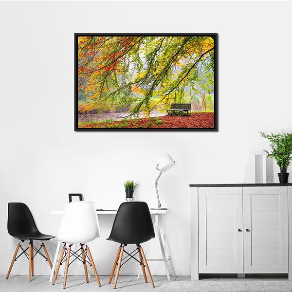 Bench Under Autumn Tree Canvas Wall Art-3 Horizontal-Gallery Wrap-25" x 16"-Tiaracle
