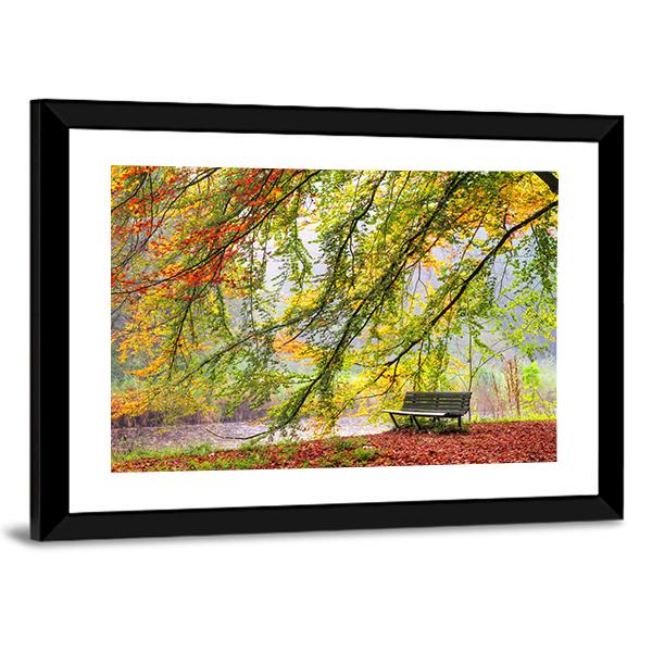 Bench Under Autumn Tree Canvas Wall Art-3 Horizontal-Gallery Wrap-25" x 16"-Tiaracle