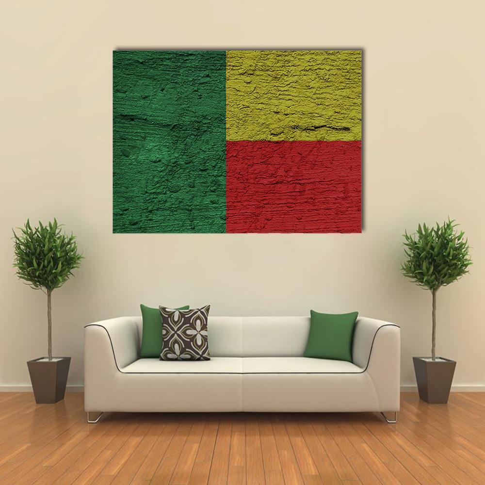 Benin Flag Geometric Textured Design Canvas Wall Art in red, yellow and green, single panel hung on a wall