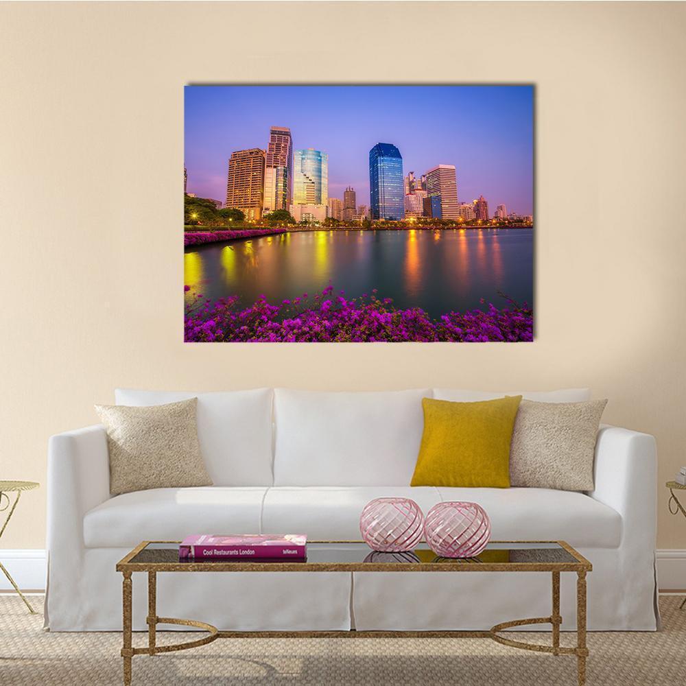 Benjakitti Park Bangkok Dusk Reflections Canvas Wall Art in yellow, blue and purple, single panel hung on a wall