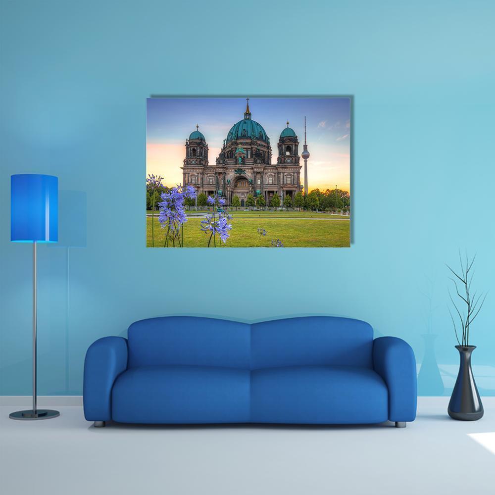 Berlin Cathedral at Sunrise Canvas Wall Art in orange, green and blue, single panel hung on a wall