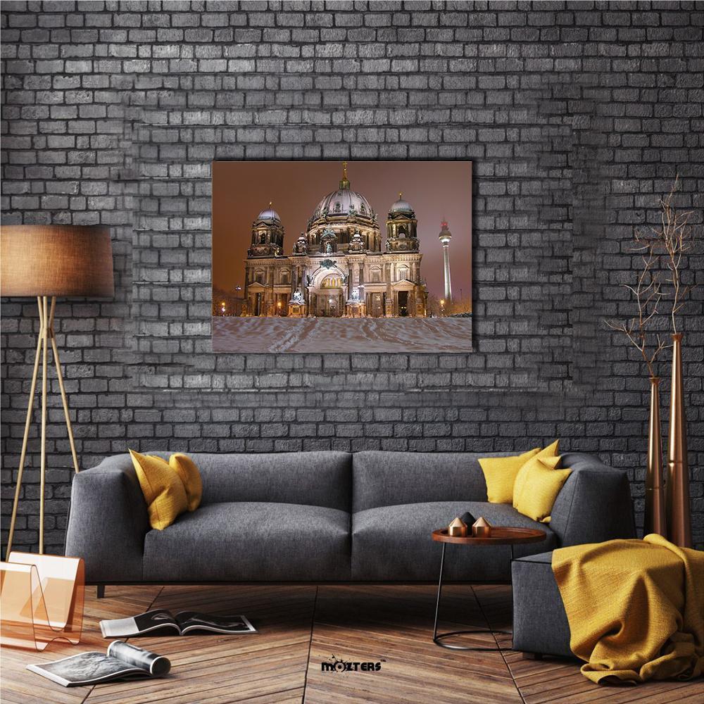 Berlin Cathedral in Winter Canvas Wall Art in white, gray and brown, single panel hung on a wall