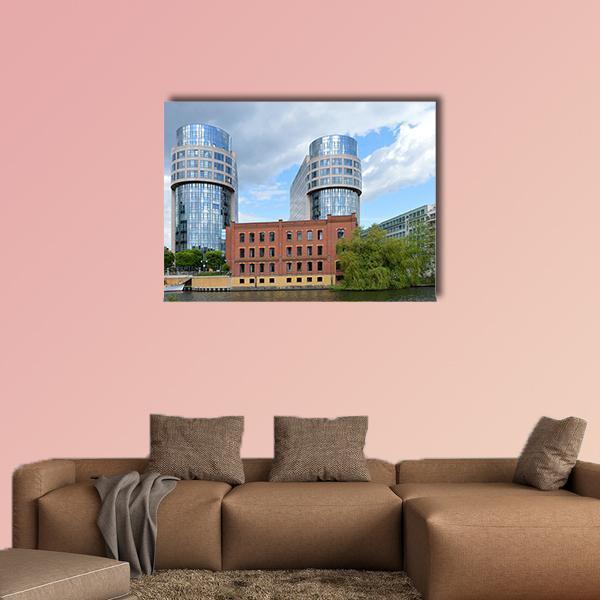Moabit Waterfront, Berlin Canvas Wall Art in gray, brown and blue, single panel hung on a wall