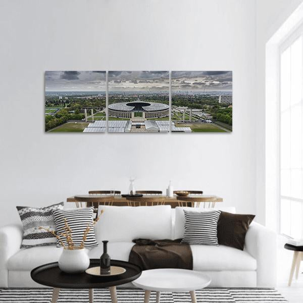 Berlin Olympic Stadium Panoramic Canvas Wall Art in white, gray and green, hung on a wall