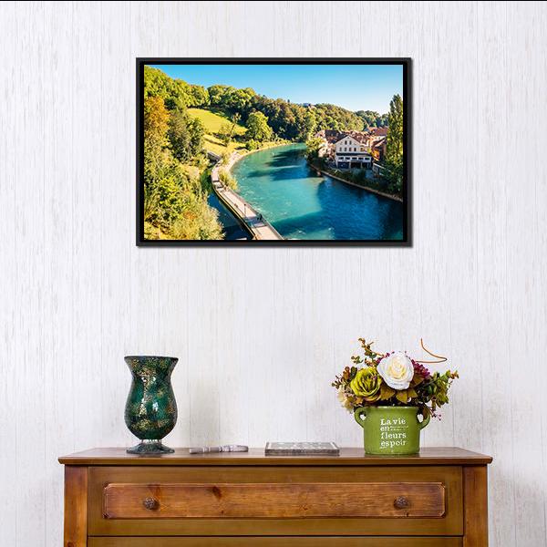 Bern Old Town River Bridge Canvas Wall Art in yellow, green and blue, framed canvas, product view on a white background
