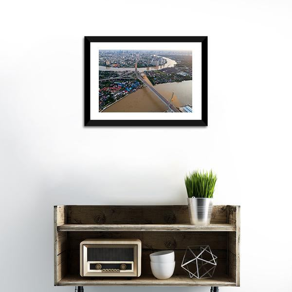 Bhumibol Bridge Aerial View Canvas Wall Art-1 Piece-Framed Print-20" x 16"-Tiaracle