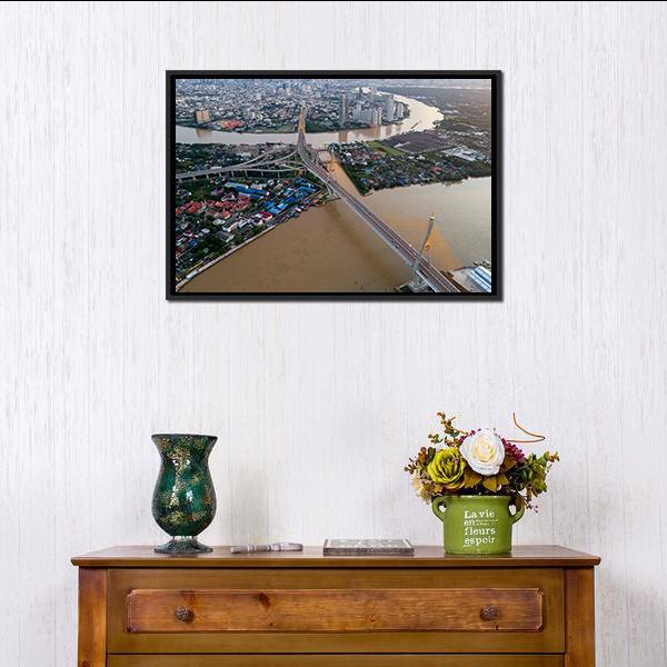 Bhumibol Bridge Aerial View Canvas Wall Art-1 Piece-Floating Frame-24" x 16"-Tiaracle