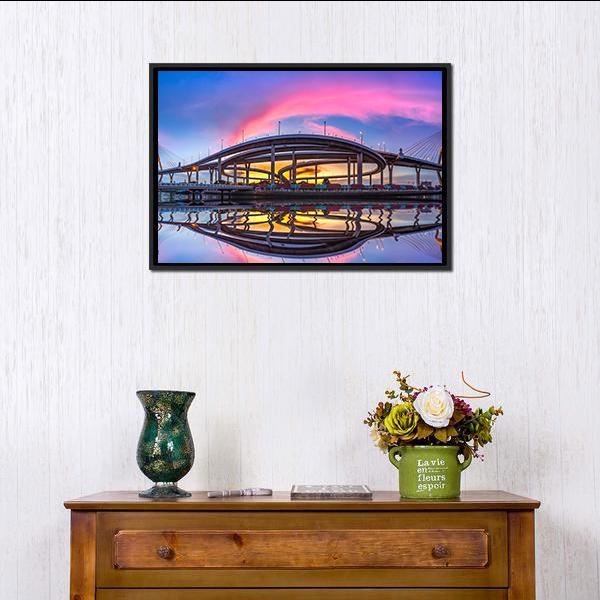 Bhumibol Bridge At Twilight Canvas Wall Art-1 Piece-Floating Frame-24" x 16"-Tiaracle