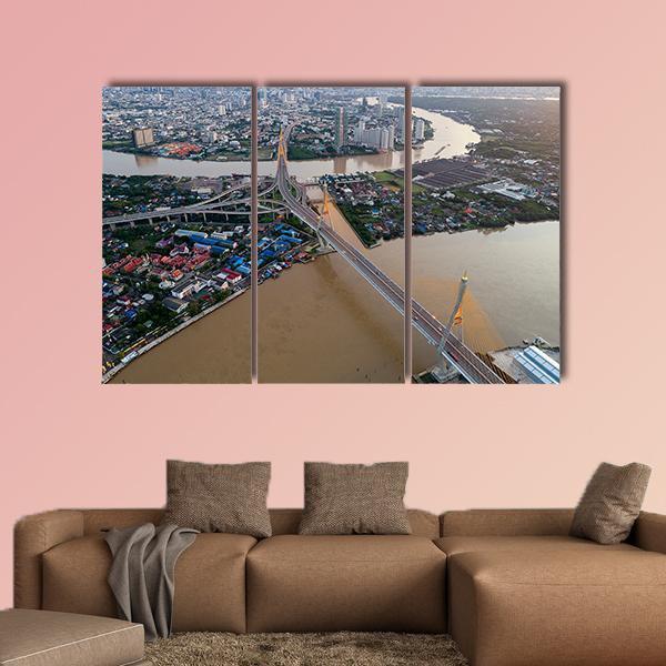 Bhumibol Bridge Aerial View Canvas Wall Art-3 Horizontal-Gallery Wrap-37" x 24"-Tiaracle