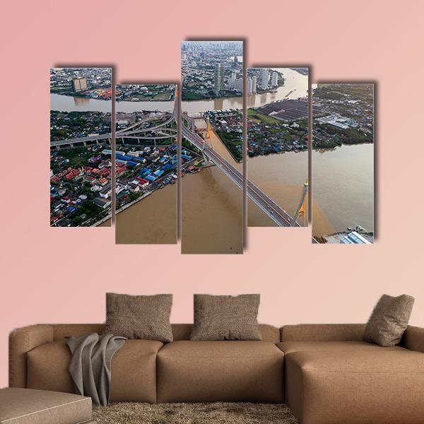Bhumibol Bridge Aerial View Canvas Wall Art-5 Pop-Gallery Wrap-47" x 32"-Tiaracle