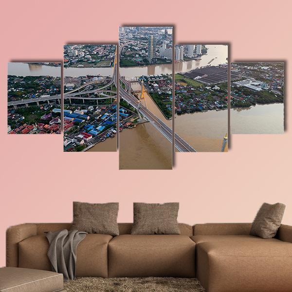 Bhumibol Bridge Aerial View Canvas Wall Art-5 Star-Gallery Wrap-62" x 32"-Tiaracle