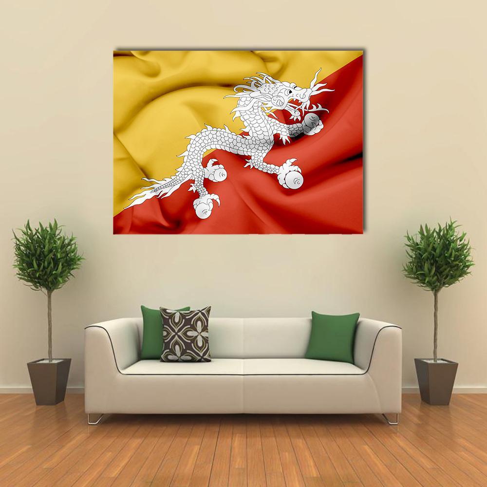 Bhutan Flag with White Dragon Canvas Wall Art in white, orange and yellow, single panel hung on a wall